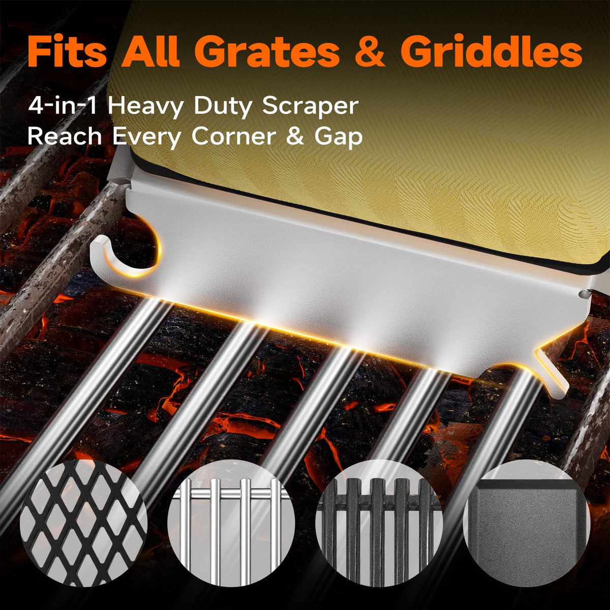 TISHI HERY scraper with notches reaches sides and bottoms of grates.