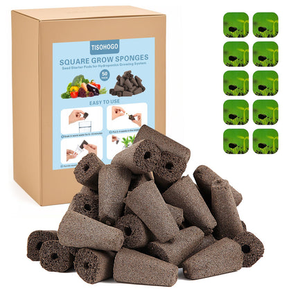 TISOHUGO 50-pack square seed pods for indoor hydroponics, showing compact seed starters