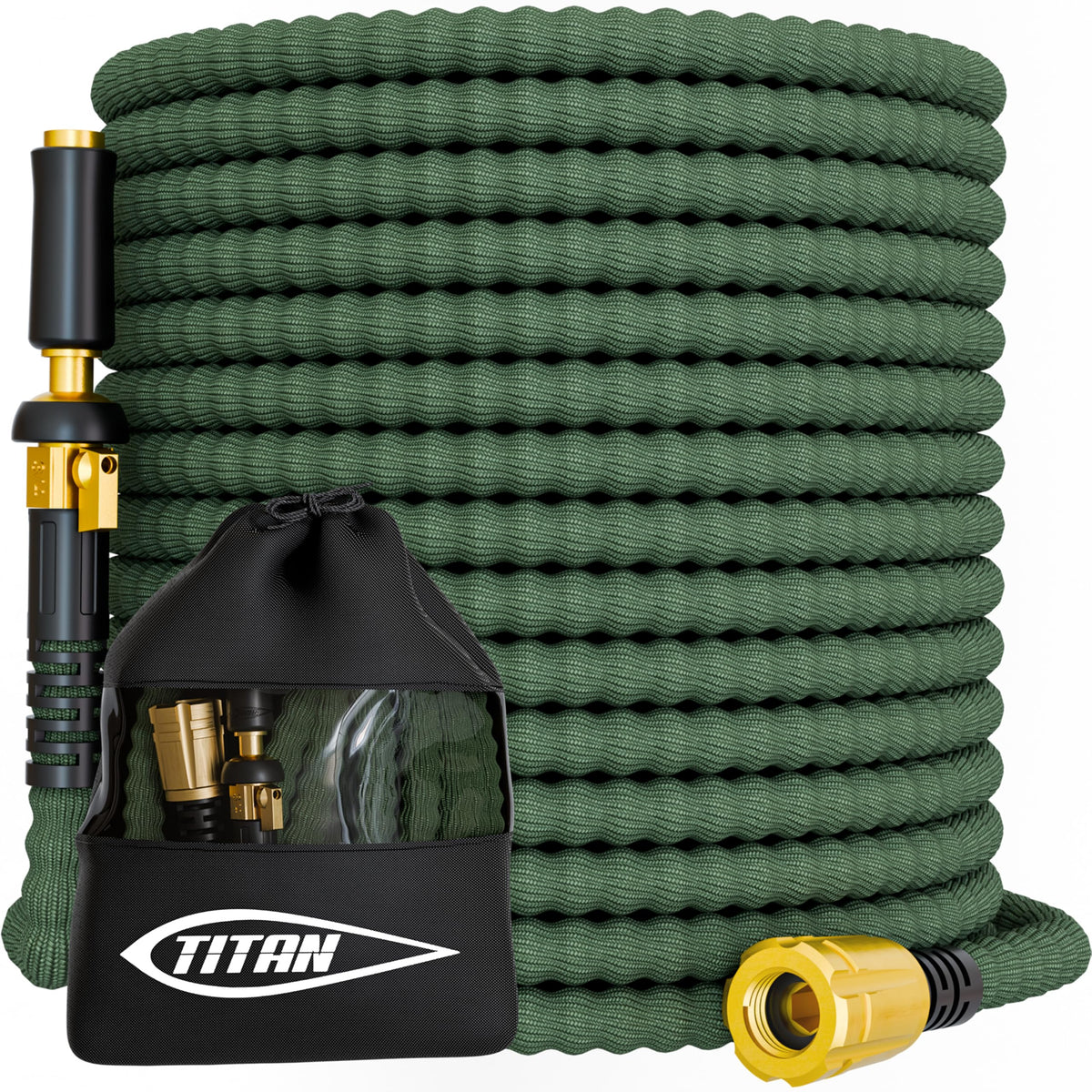 Titan Flexible Garden Hose 50ft shown for easy-yard watering and maneuverability.