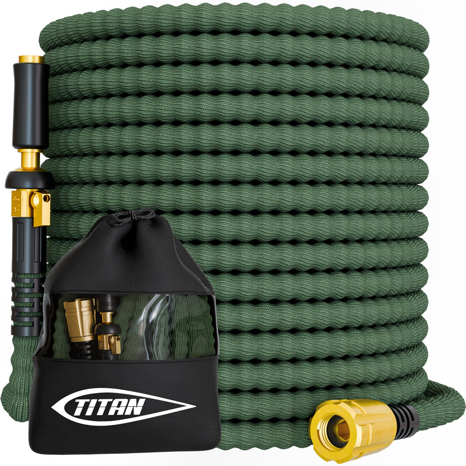 Titan Flexible Garden Hose 50ft shown for easy-yard watering and maneuverability.