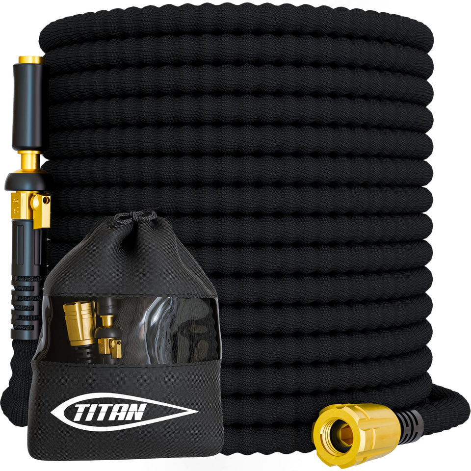 Titan 30ft flexible hose with jet nozzle for precise watering from a comfortable distance