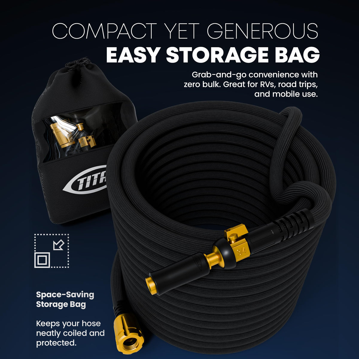 Titan 30ft hose ready for easy storage in a compact footprint