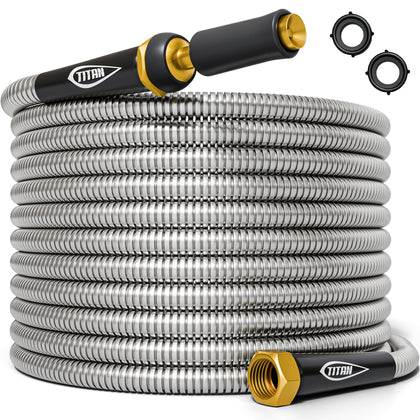 Titan Garden Hose 15ft outer stainless steel shell resists rust in sun and rain