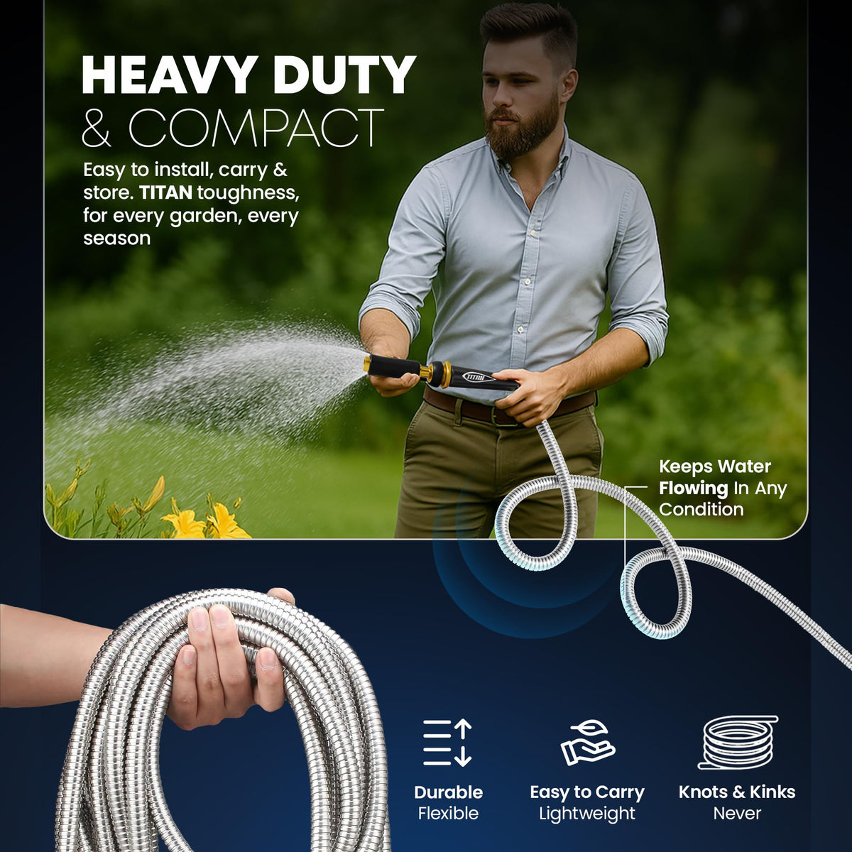 Titan hose kink-free inner core ensures smooth water flow under pressure