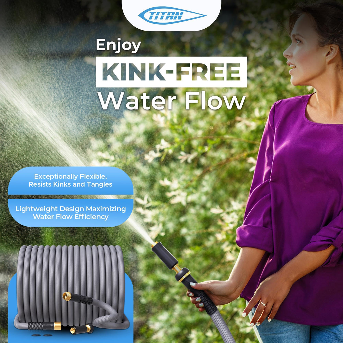 Titan Garden Hose multilayer construction resists cracks and leaks.