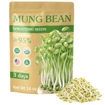 Titani-X Organic Mung Bean Sprout Seeds 16 oz pack, ideal for indoor sprouting.