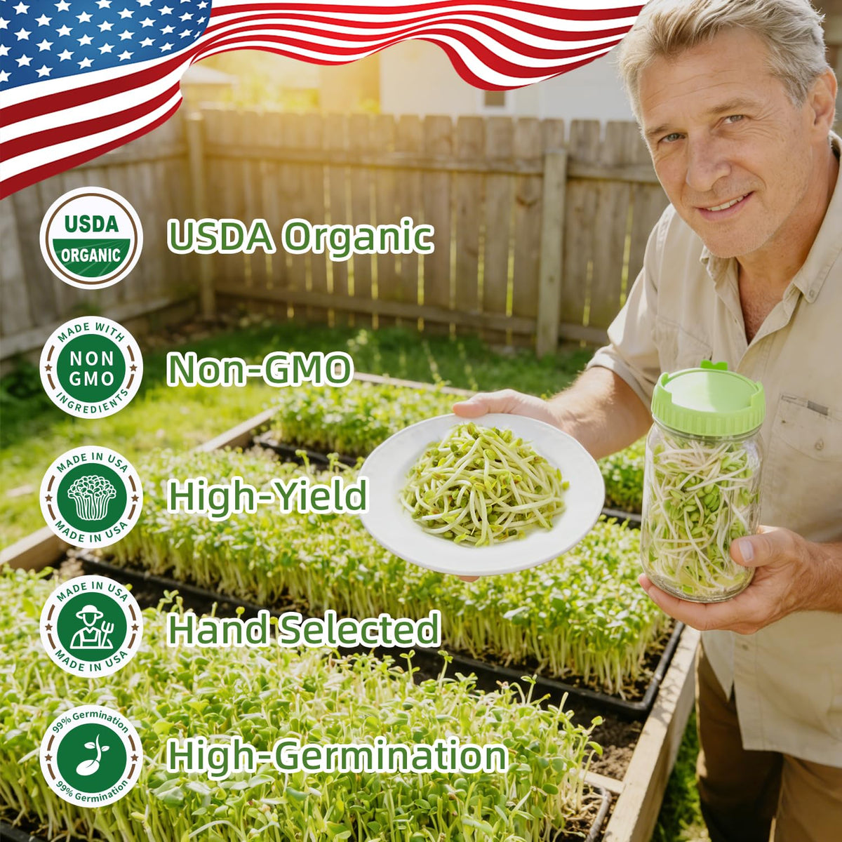 Close-up of Titani-X seeds showing clean, non-GMO quality for reliable sprouts.