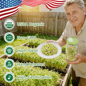 Close-up of Titani-X seeds showing clean, non-GMO quality for reliable sprouts.