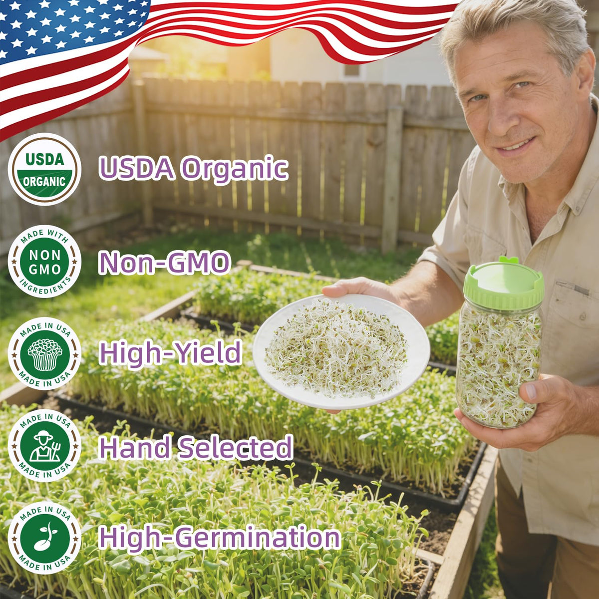 TitaniX alfalfa sprouts shown in a sprouting jar for quick harvest.