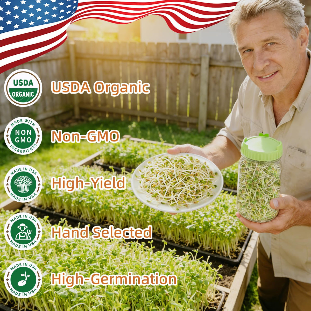 TitaniX seed packet closeup highlights non-GMO quality radish sprouts.