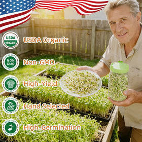 TitaniX seed packet closeup highlights non-GMO quality radish sprouts.