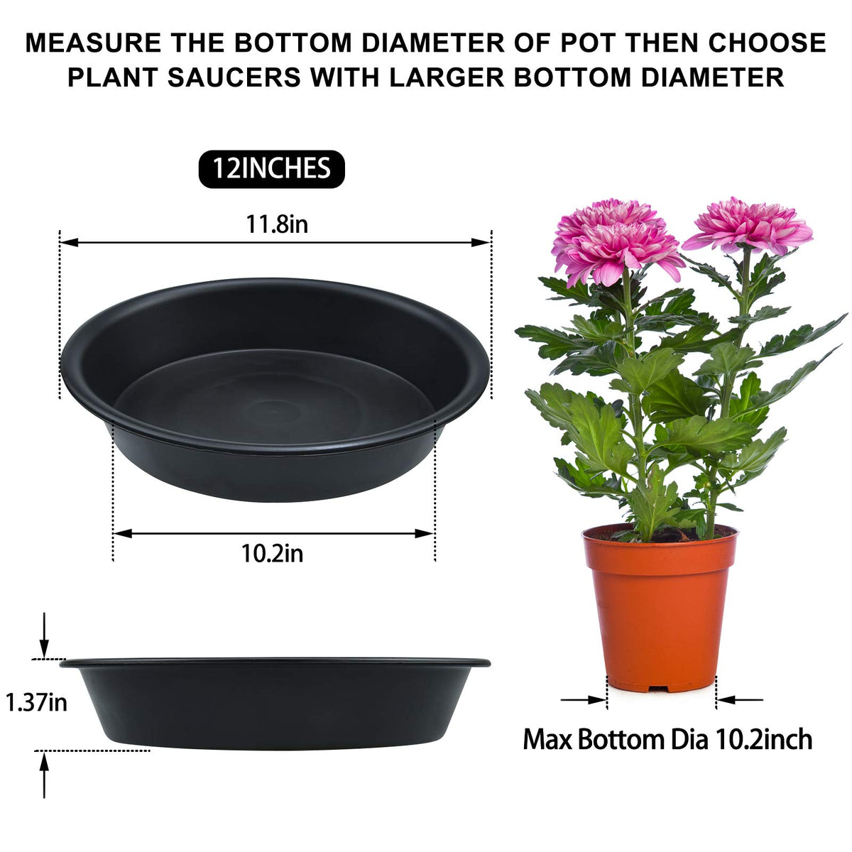 TITE 12-inch plant saucer bottom view shows inner diameter fit.