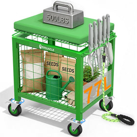 TITIUNCLE rolling garden cart seat front view shows sturdy frame and 500 lb capacity.