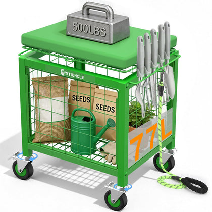 TITIUNCLE rolling garden cart seat front view shows sturdy frame and 500 lb capacity.