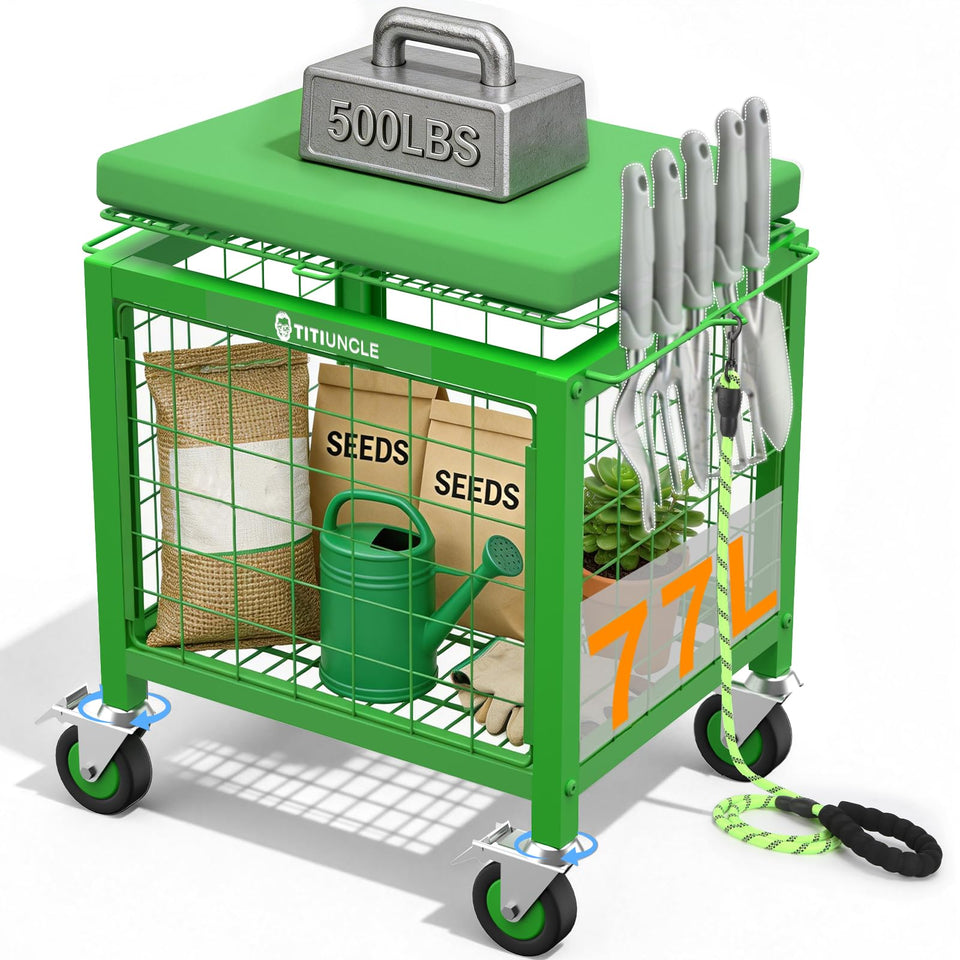 TITIUNCLE rolling garden cart seat front view shows sturdy frame and 500 lb capacity.