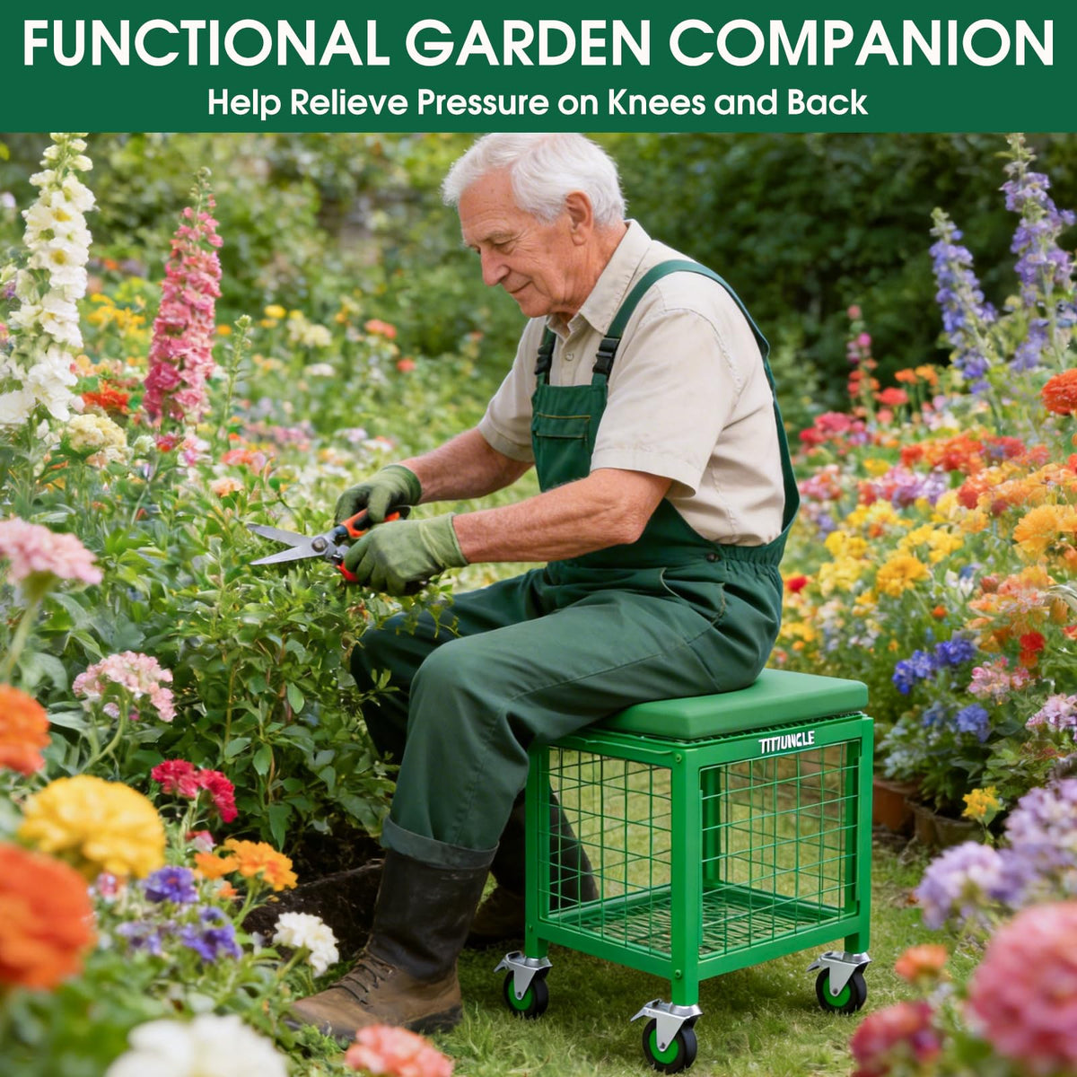 TITIUNCLE rolling garden cart seat in-use demonstrates quick setup.