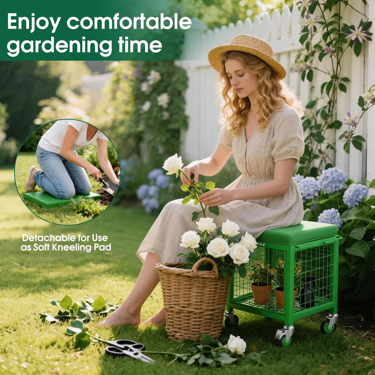 TITIUNCLE rolling garden cart seat side view highlights stability on uneven ground.