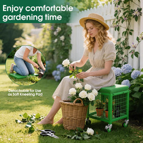 TITIUNCLE rolling garden cart seat side view highlights stability on uneven ground.