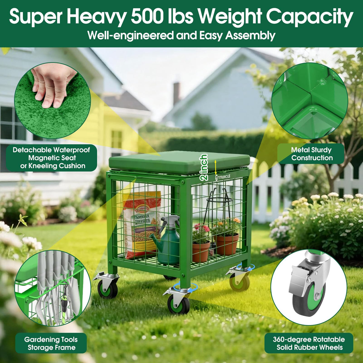 TITIUNCLE rolling garden cart seat storage compartment keeps tools within reach.