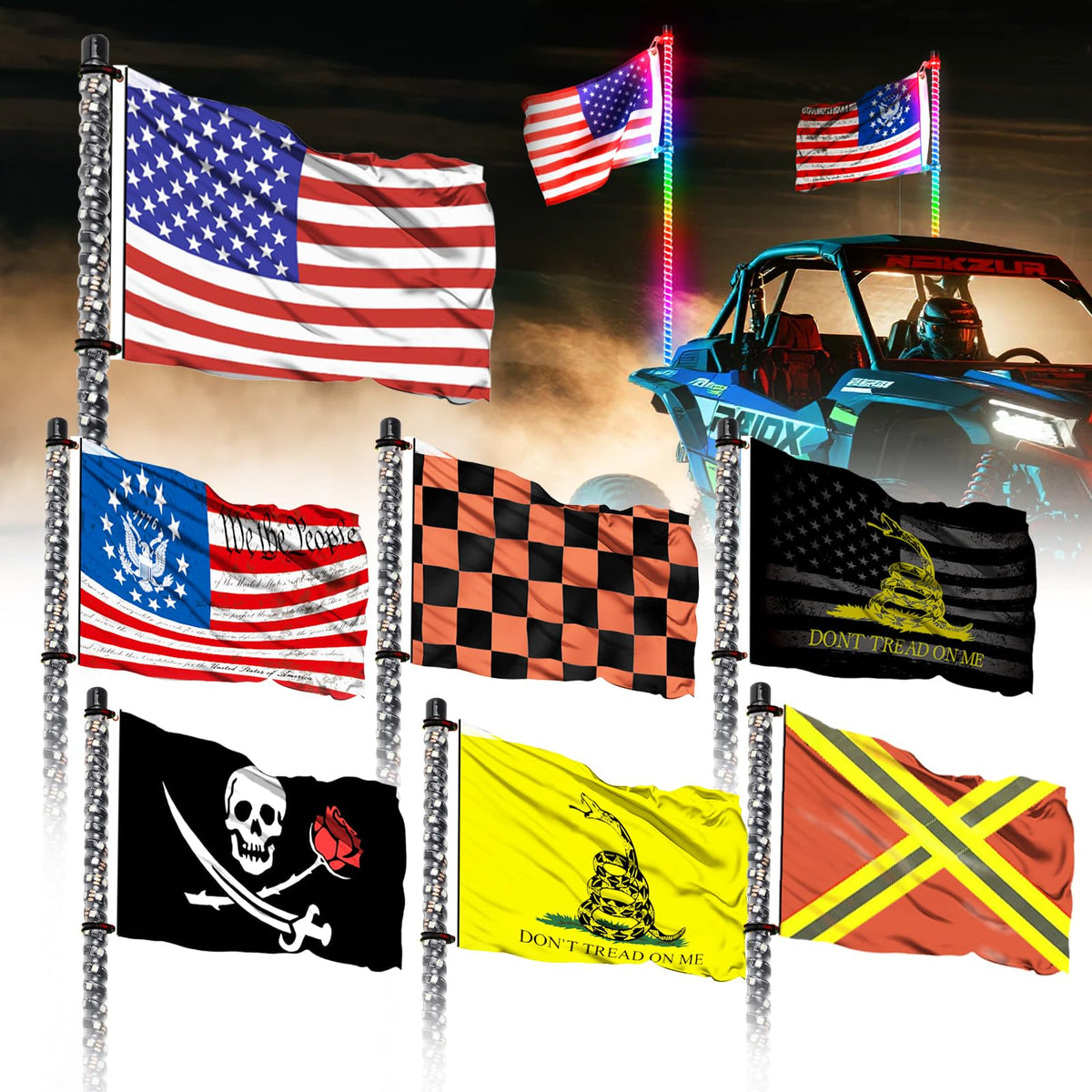 TKBEAM off-road flag mounted on a UTV whip for high visibility