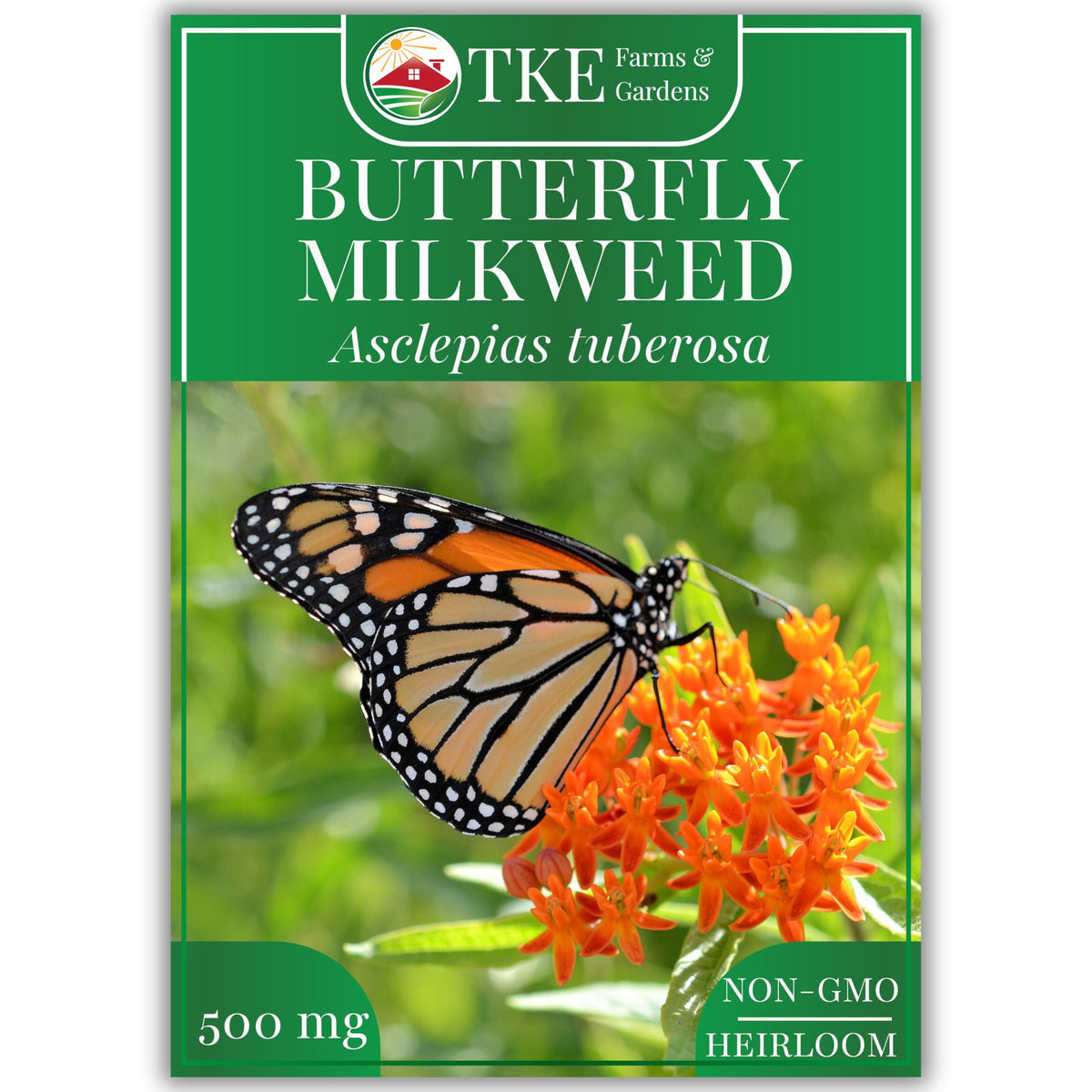 TKE Farms Butterfly Milkweed seeds packaging for easy planting.