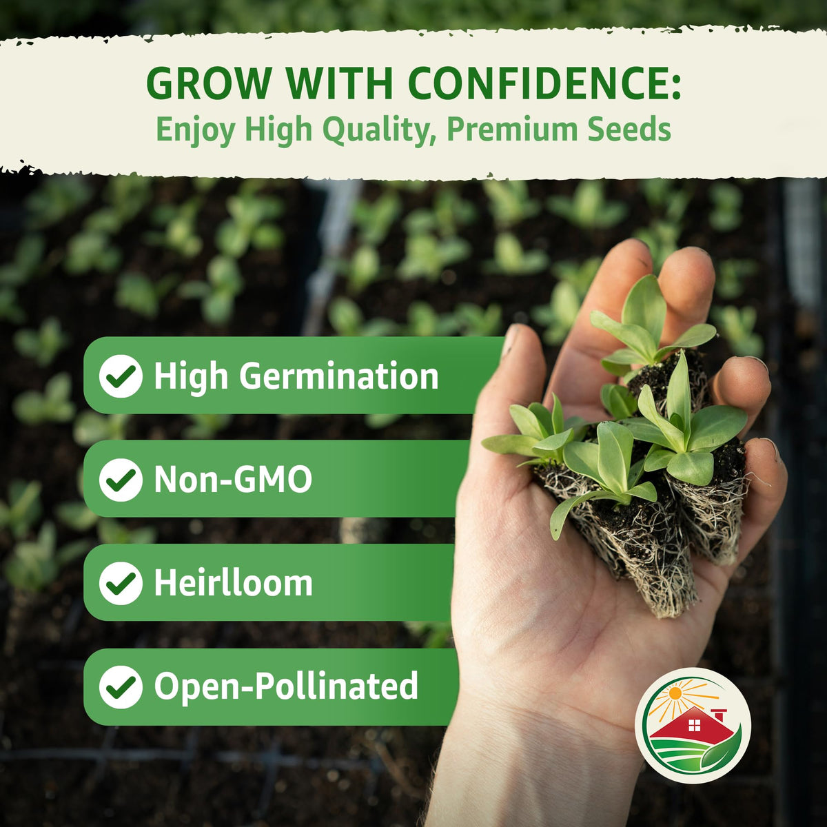 TKE Farms & Gardens seed packet label highlights 600+ seeds for abundant harvest