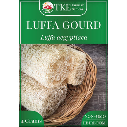 TKE Farms & Gardens luffa seeds package for home gardening and fresh harvests.