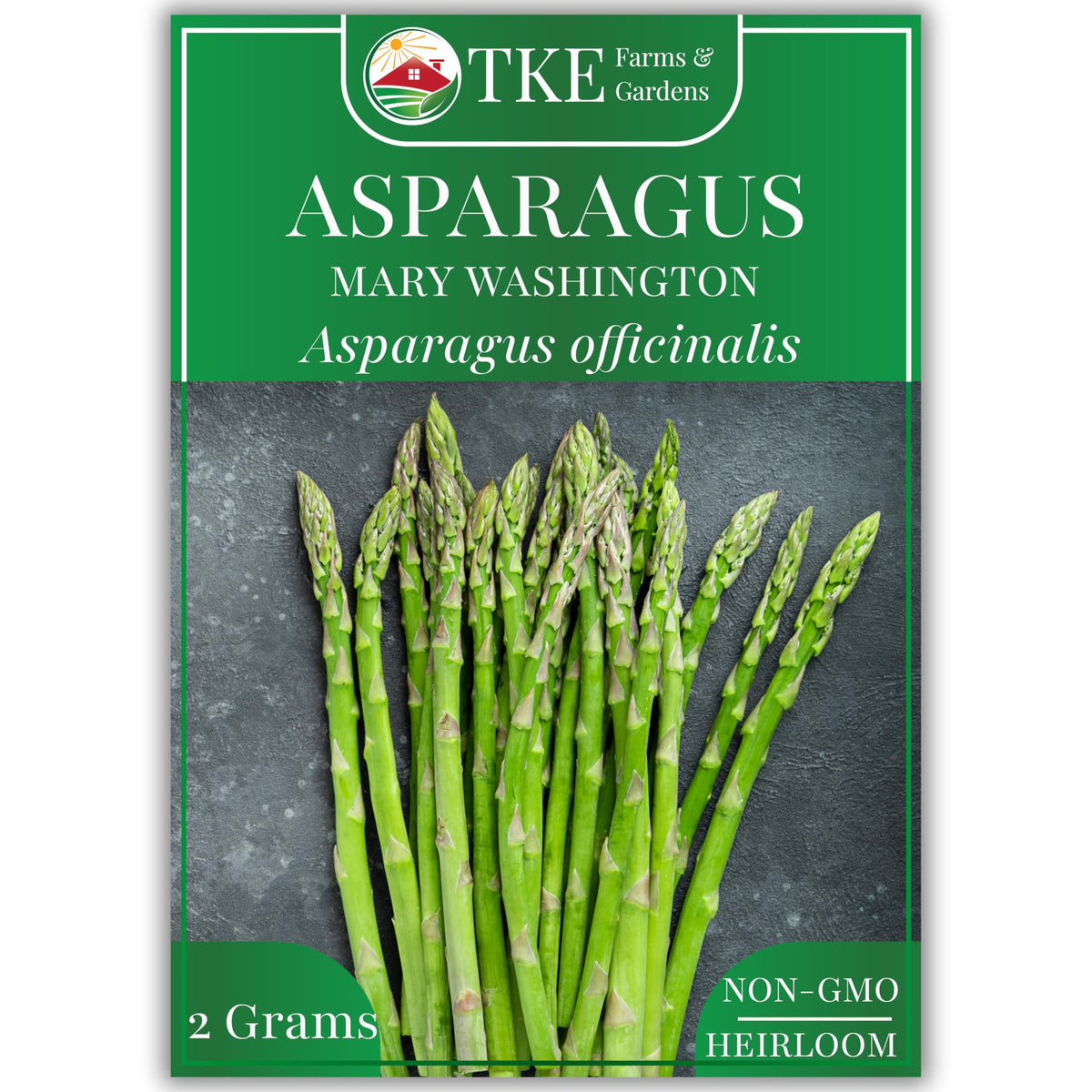 TKE Farms & Gardens Mary Washington asparagus seeds in seed packet front for spring planting.