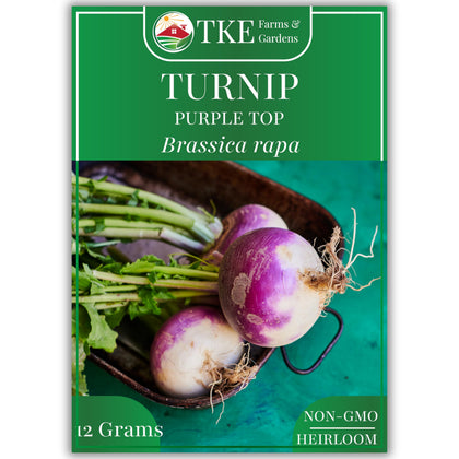 TKE Farms & Gardens Purple Top Turnip seeds packet ready for spring planting