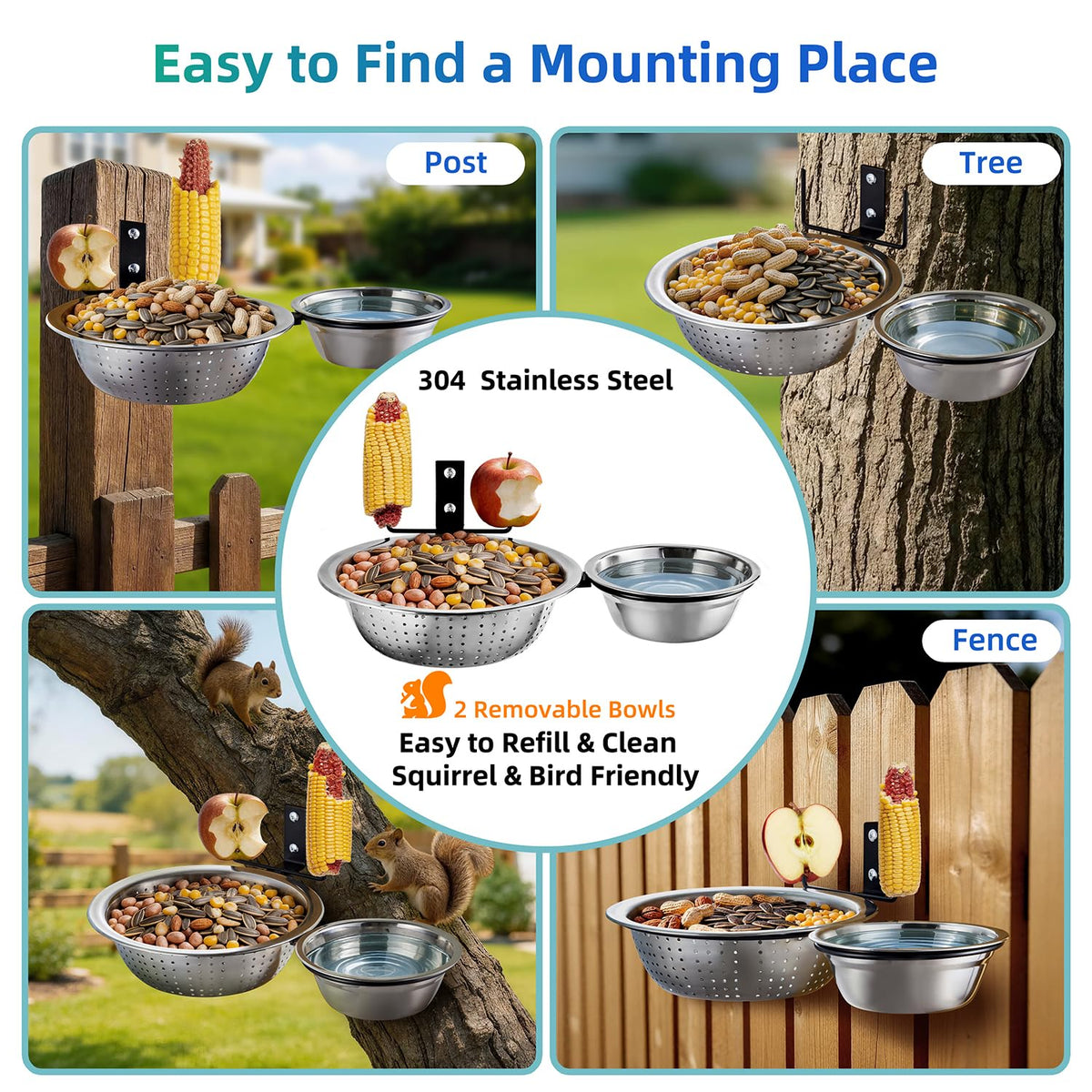 TKMSV 2 Bowls Squirrel Feeder includes dual corn decoy to guide wildlife.