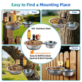 TKMSV 2 Bowls Squirrel Feeder includes dual corn decoy to guide wildlife.