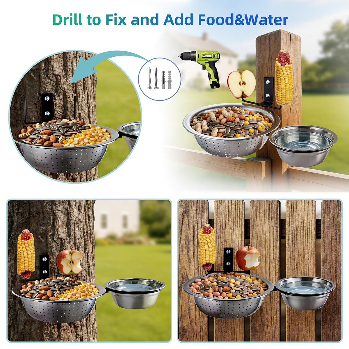 TKMSV 2 Bowls Squirrel Feeder mounted easily on fences or trees.