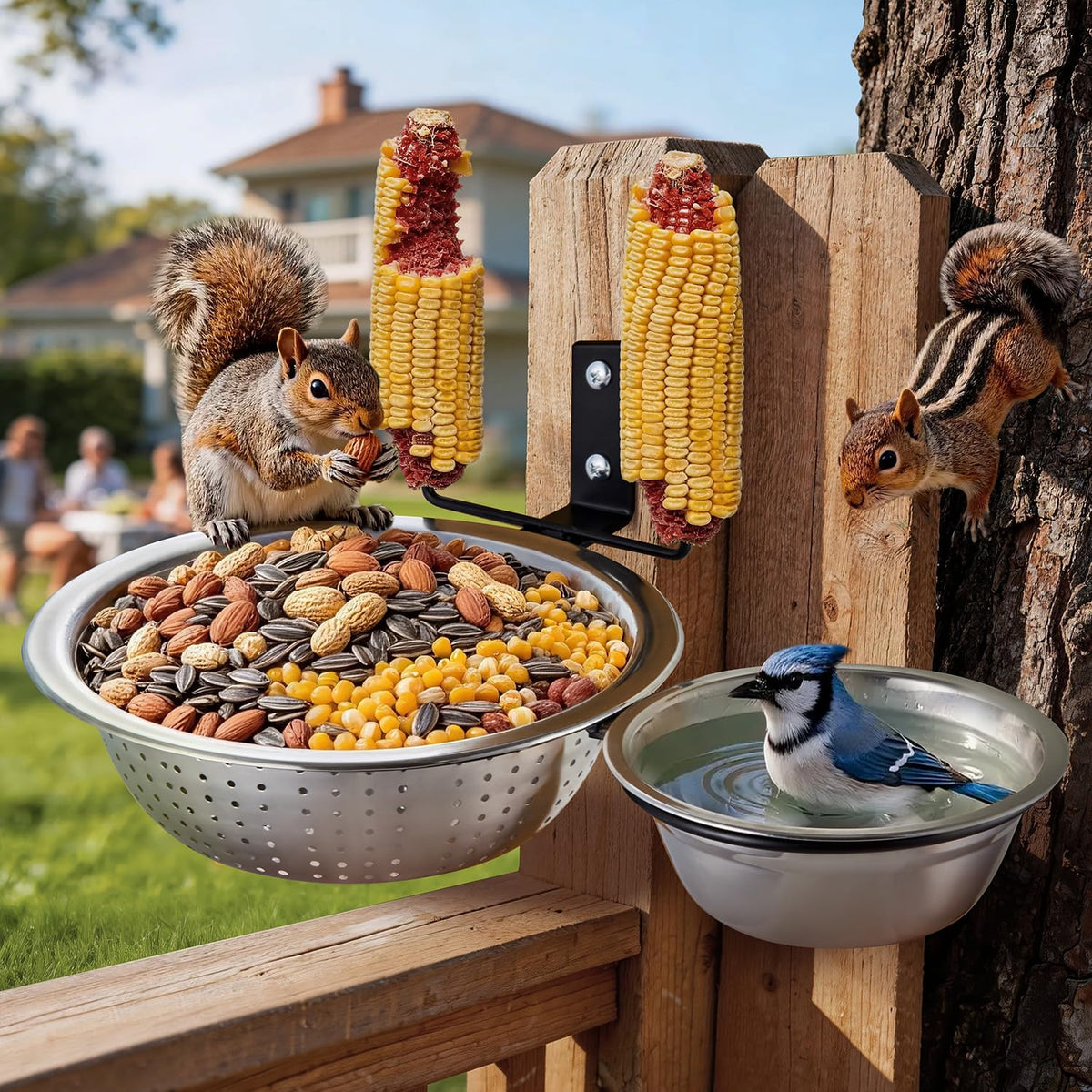 TKMSV 2 Bowls Squirrel Feeder with removable basins for easy cleaning.