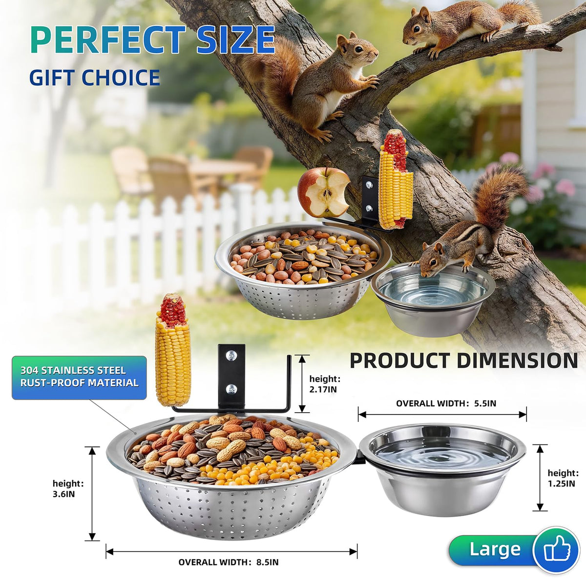 TKMSV 2 Bowls Squirrel Feeder highlights 5.5-inch water basin for hydration.