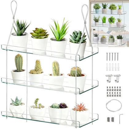 Tlence 3-tier hanging shelves window display showing organized herbs and small plants.