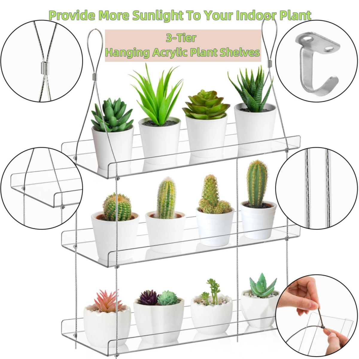 Tlence mini pots arrangement on shelves saves floor space and aids organization.