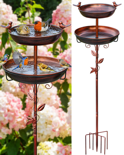 TLEYTOA metal bird bath outside offers easy yard birdwatching with a tall, elegant silhouette.
