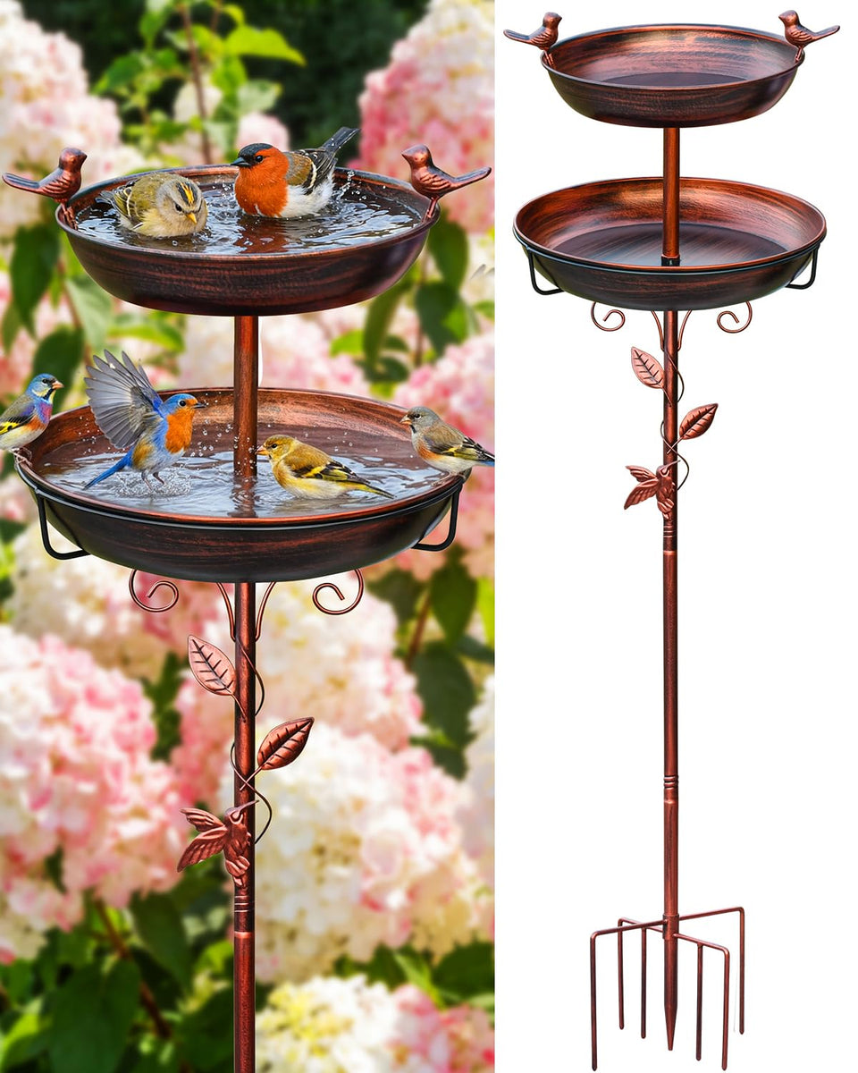 TLEYTOA metal bird bath outside offers easy yard birdwatching with a tall, elegant silhouette.