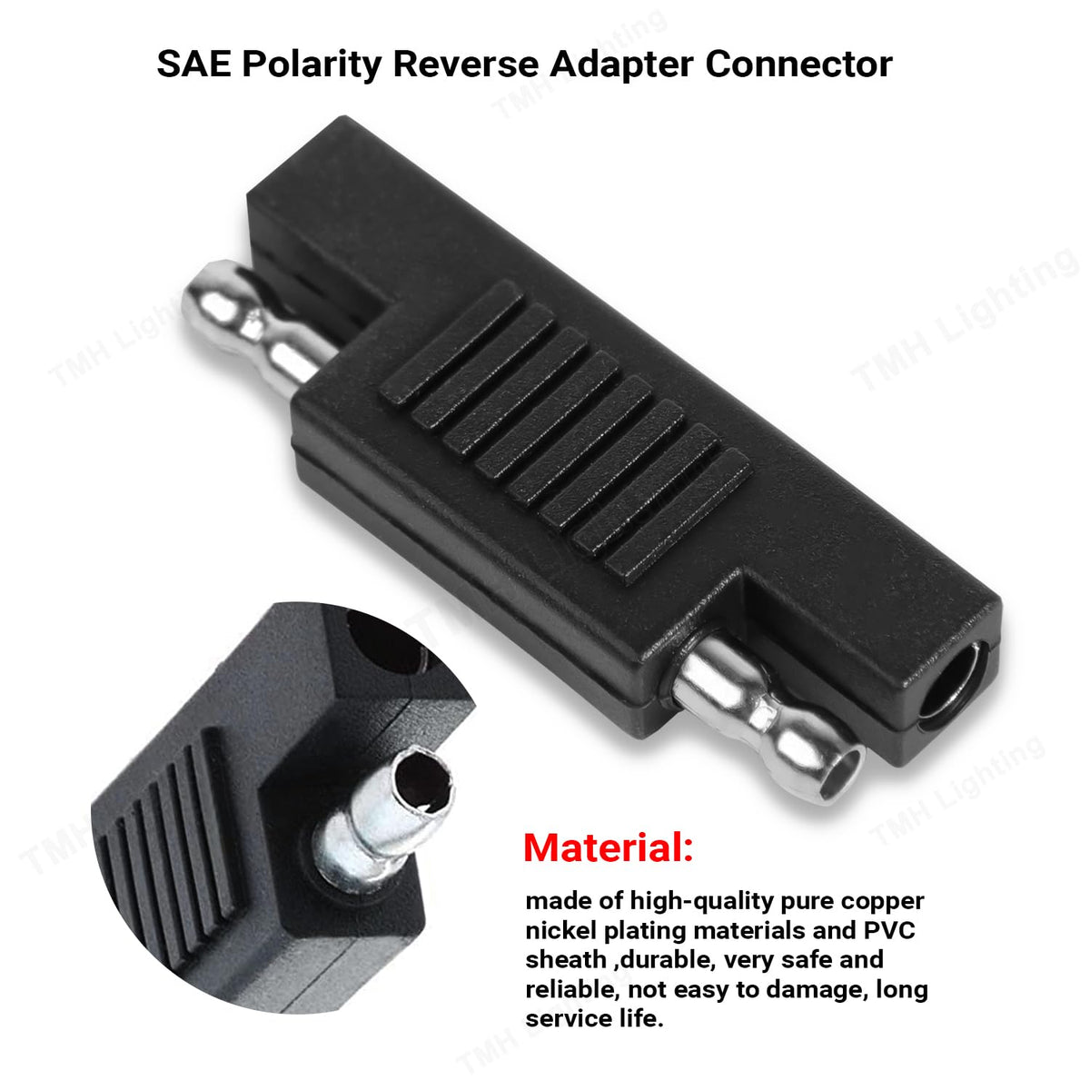 Close-up of TMH SAE connectors showing durable metal pins for repeated connect/disconnect.