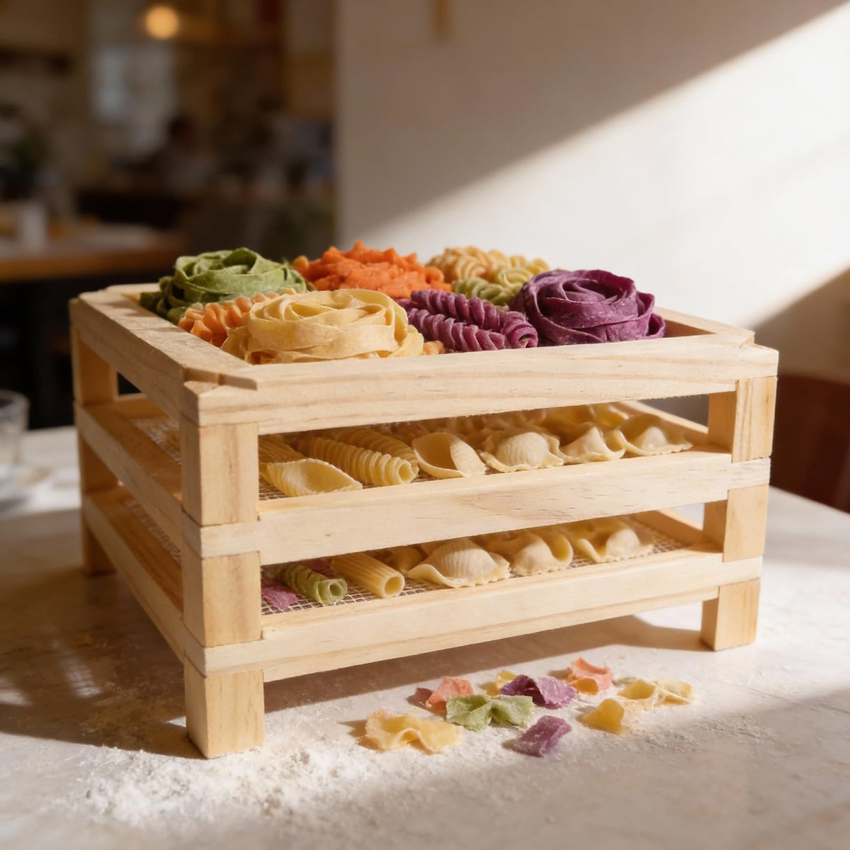 Tnstbiee drying rack holds fresh herbs like basil and rosemary for quick use