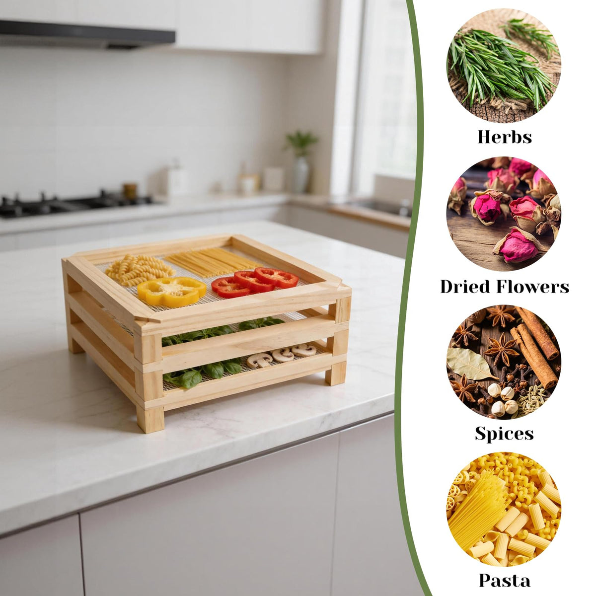 Tnstbiee natural wood finish adds warmth while drying herbs and pasta