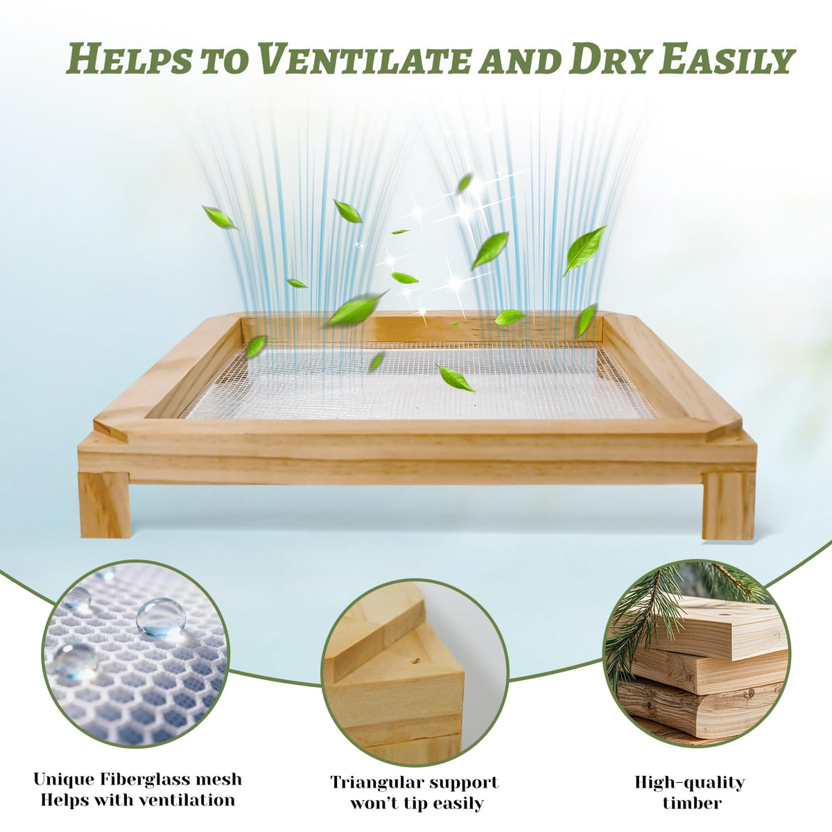 Tnstbiee square wooden rack closeup mesh shows breathable design for even drying