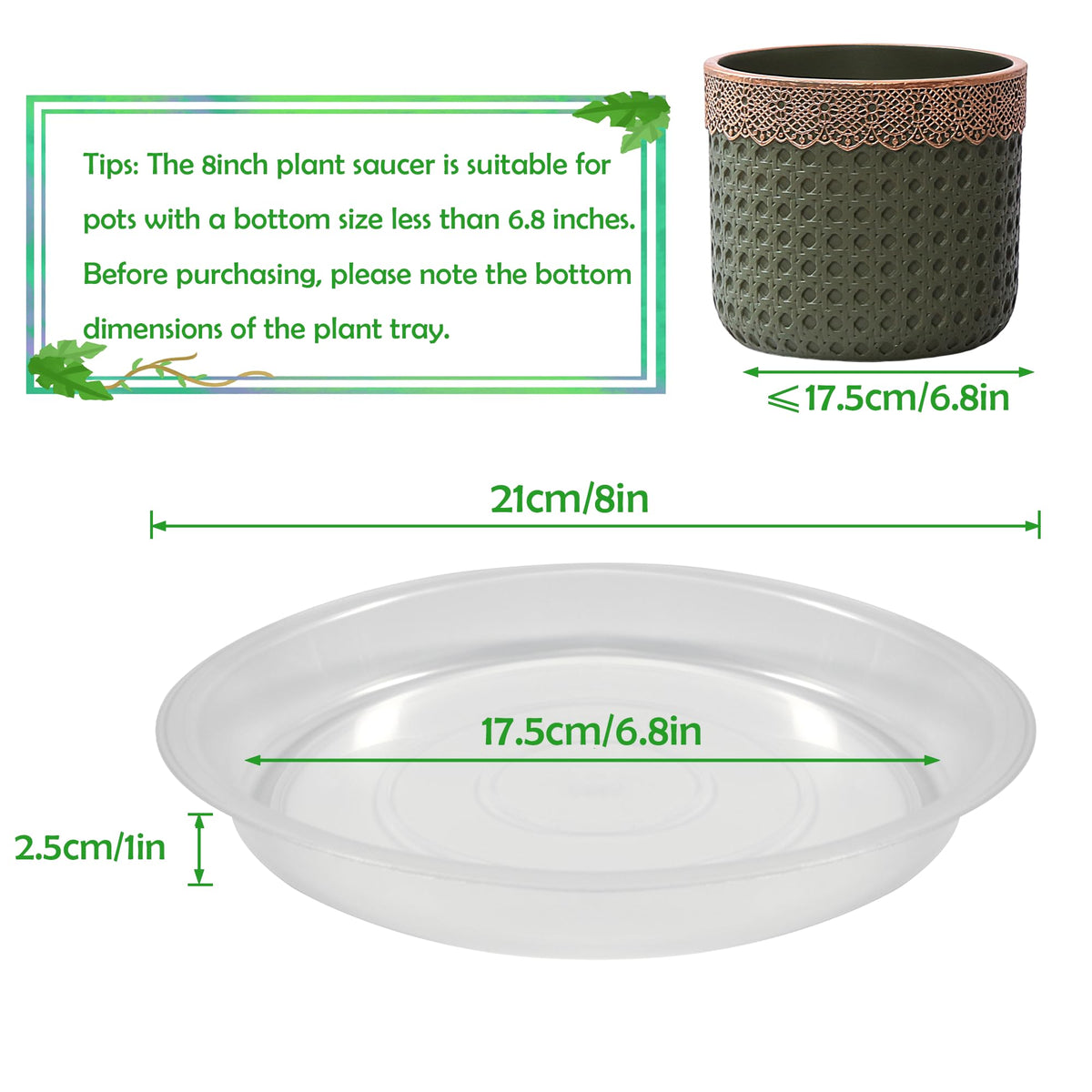 TNTIWQ 8-inch round plant saucer edge view showing deep rim