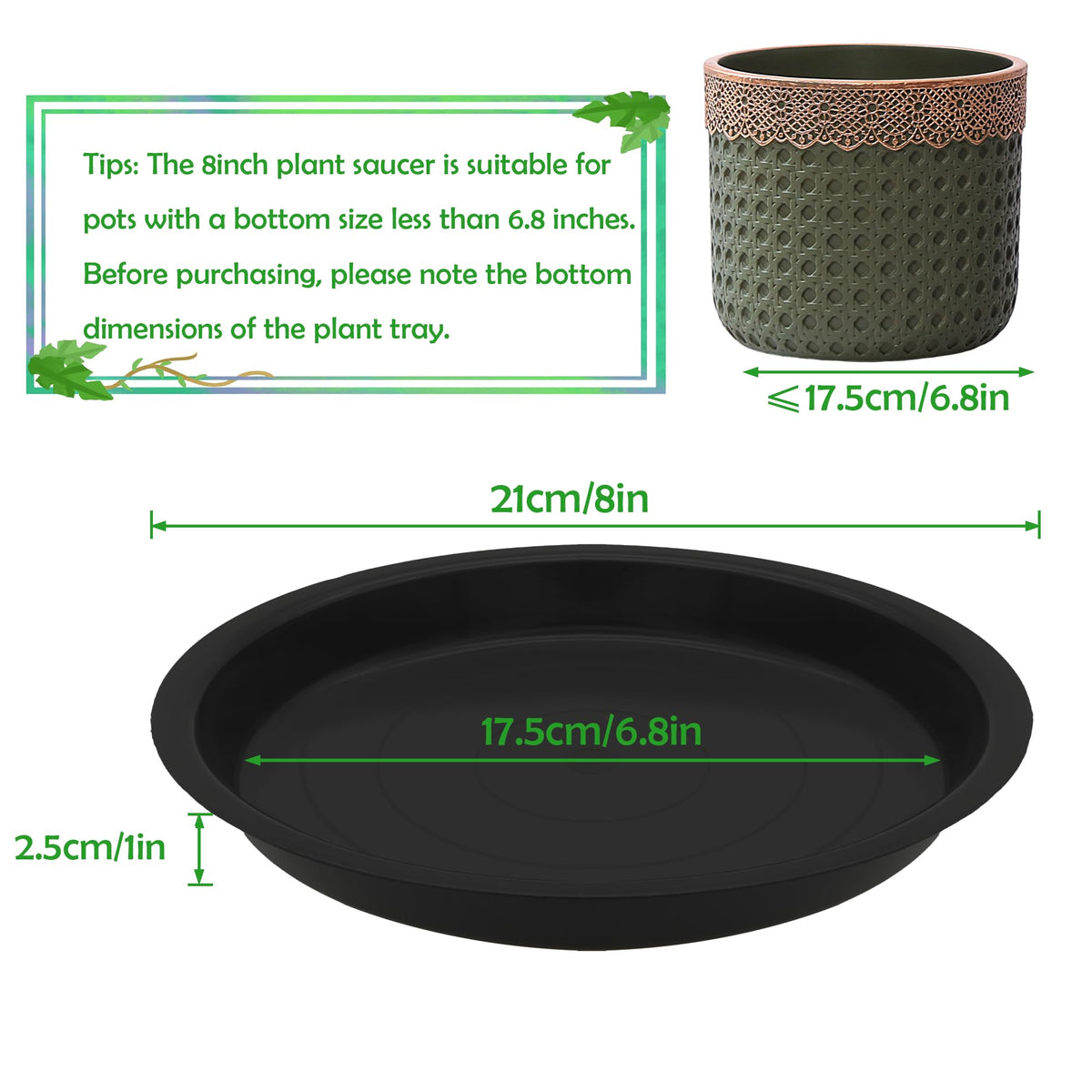 TNTIWQ 8-inch round plant saucer side view reveals depth for water storage.