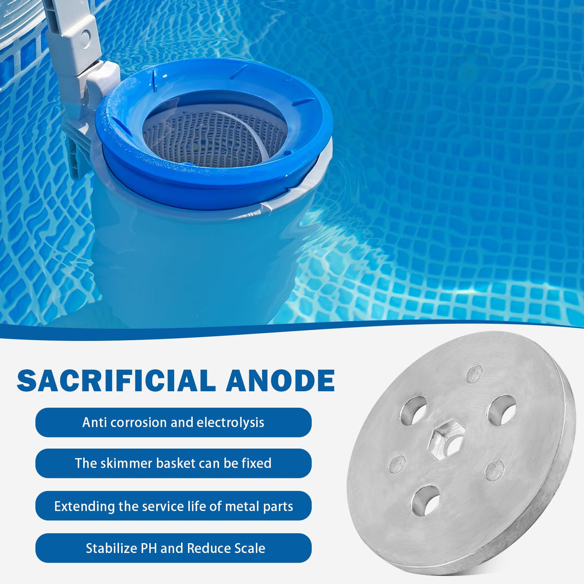 Close-up of zinc anode plate showing smooth silver disc and mounting holes.