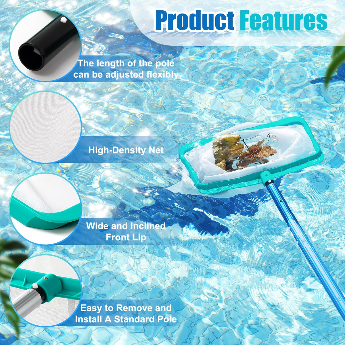 TOBEHIGHER pool skimmer encrypted mesh captures dust and leaves.