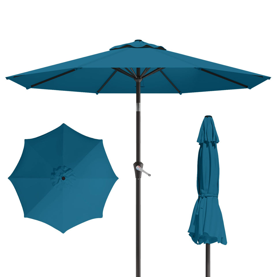 Tobeos 10ft Lake Blue umbrella angle view offers broad shade for outdoor dining