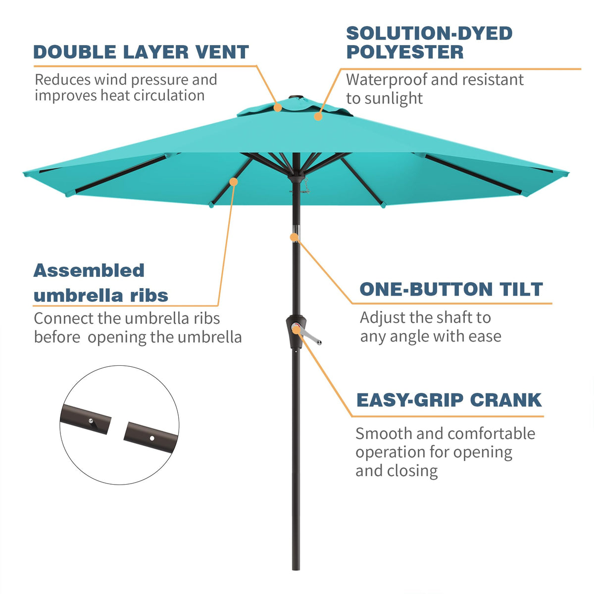 Eight rust-resistant ribs provide durable support for poolside and backyard setups.