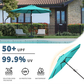 UV-protected, waterproof fabric shields guests during sun and rain.
