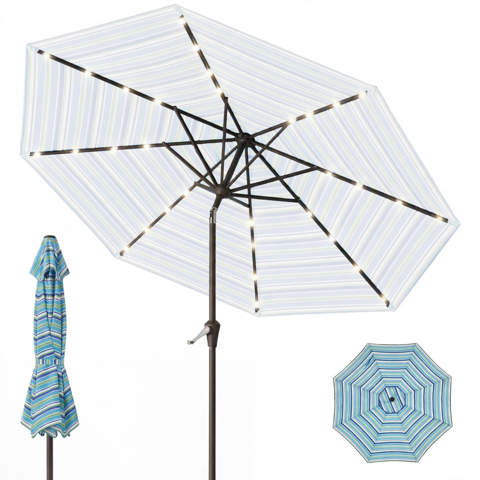 Tobeos 9ft patio umbrella with blue-green stripes provides stylish shade.